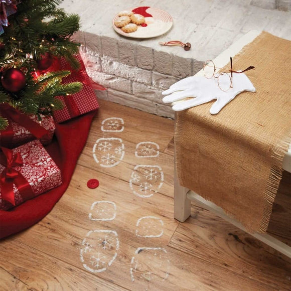 Imagine the kids' excitement if they find that Santa left behind a few clues this year! Make Christmas morning extra special with this Santa Evidence Kit. This six piece set includes a reindeer bell, Santa's glove, a button from his coat, glasses and a footprint stencil kit with glitter to make Santa's footprints! Ho ho ho -- it will look like Santa had to leave in a hurry before being caught! Sprinkle glitter over footprint stencil to make footprints, no water or glue necessary. Easily sweep after done.